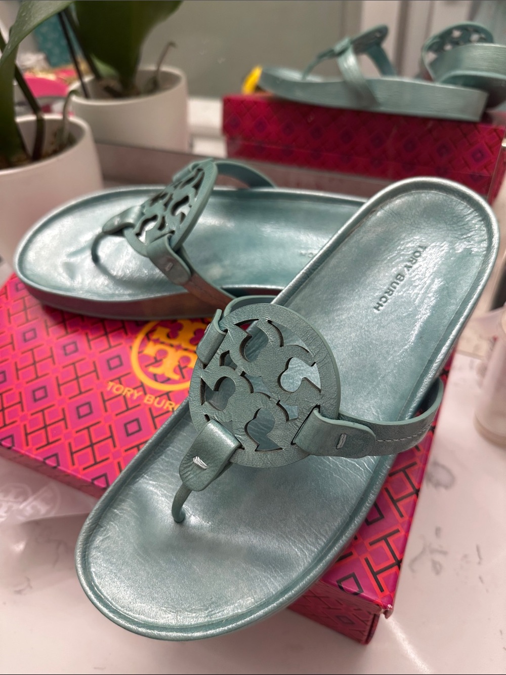 Tory Burch Metallic Teal Miller Logo Thong Sandals